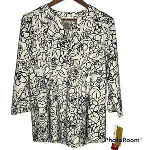 NWT Cathy Daniels Simply‎ Textured Roll Tab Sleeve Print Top Sz S